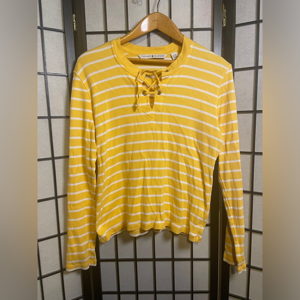 Y2k Vintage Yellow Striped Tommy Hilfiger Tie Lace Up Womens Blouse Shirt Top XL